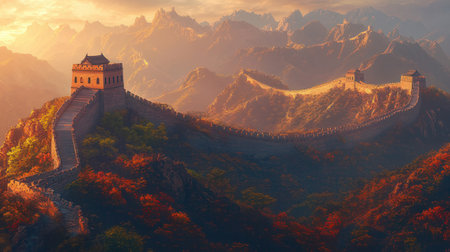 The Great Wall of China at sunrise,panoramic view.の素材