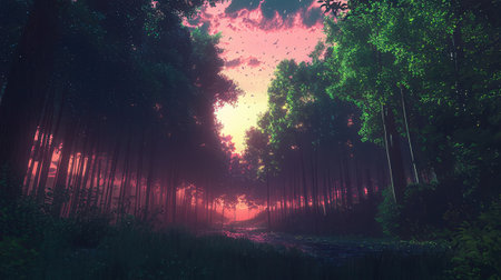 3d render of a beautiful forest with fog and sunbeamsの素材