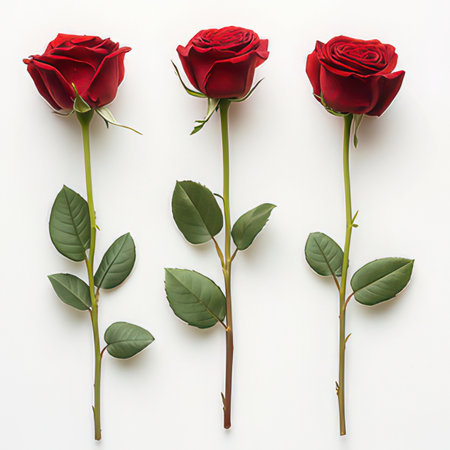 Red rose flowers isolated on white background. Top view. Flat lay.の素材