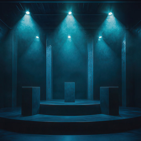 3D rendering of a podium illuminated by spotlights in a dark roomの素材