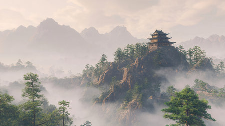Three-storied pagoda on the top of the mountain.の素材