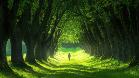 Young woman walking in a mysterious green forest. 3D rendering.の素材