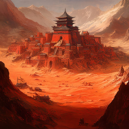 Ancient Chinese temple in the mountains. Digital painting. Fantasy illustration.のeditorial素材