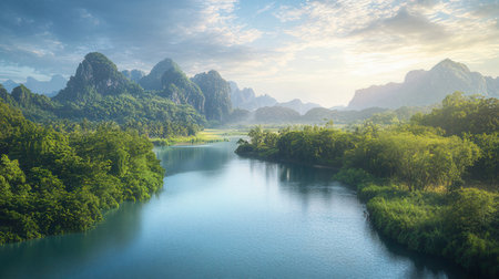 Panoramic view of karst mountains and river in morning.の素材