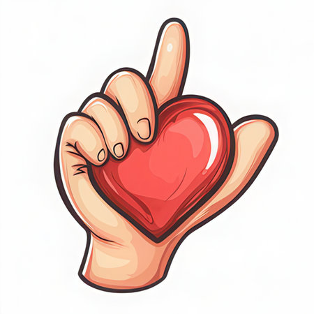 Vector illustration of a hand holding a red heart on a white backgroundの素材