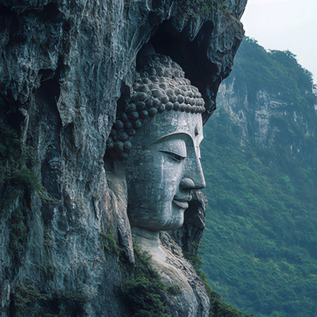 Buddha statue carved into a rock formation.の素材