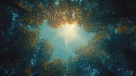 Trees in the forest with sun rays and lens flare effect.の素材