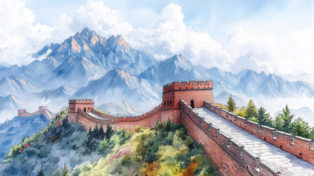 Majestic Great Wall of China in sunny day. Panoramic viewの素材