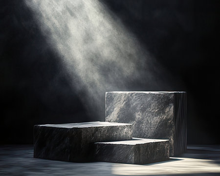 Pedestal in a dark room with spotlights. 3d renderingの素材