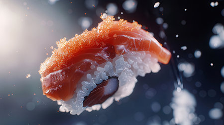 Sushi roll with salmon on black background. 3d rendering.の素材