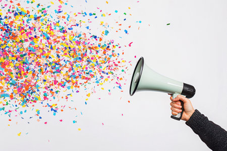 Female hand holding megaphone with colorful confetti on white backgroundの素材