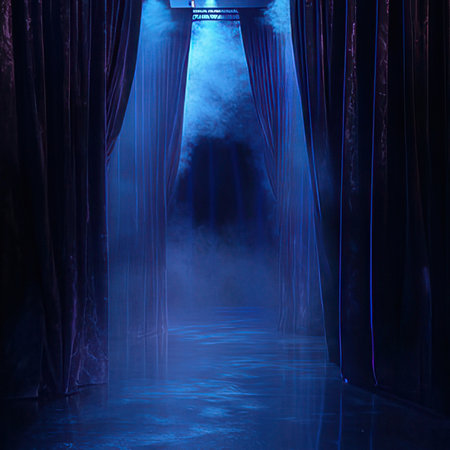Stage with blue curtains and spotlights, 3d render illustration.の素材