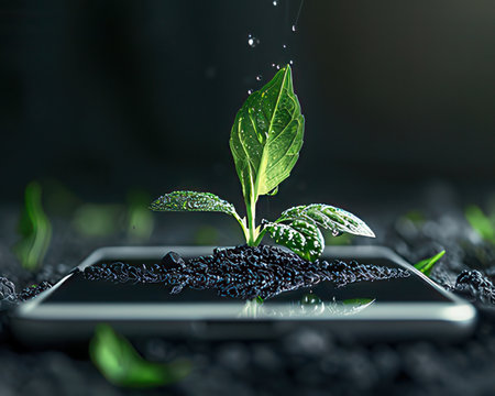 Smartphone with green sprout and water drops on a dark backgroundの素材