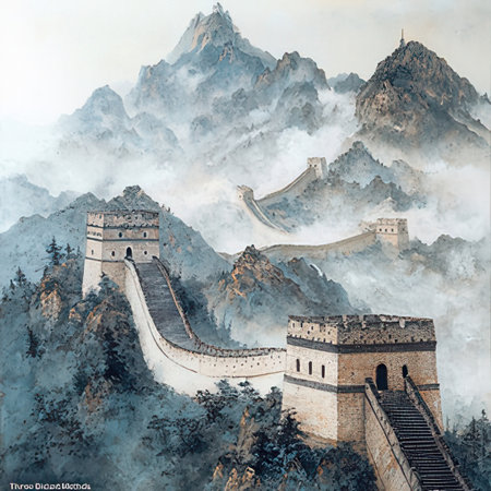 Majestic Great Wall of China in watercolor painting style.の素材