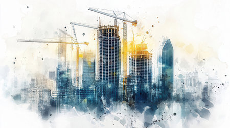 Abstract building construction site with cranes on watercolor illustration painting background.の素材
