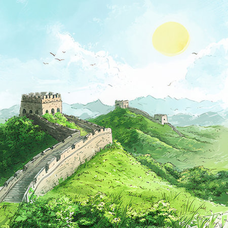 Majestic Great Wall of China. Landscape with green hills and blue sky. Hand drawn illustration.の素材