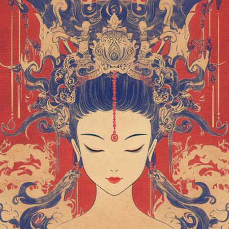 Beautiful asian woman with crown on her head. Vector illustration.の素材