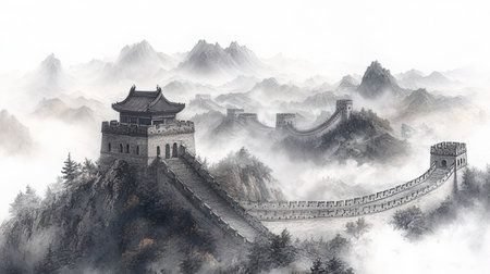 Majestic Great Wall of China in the fog. Digital paintingの素材
