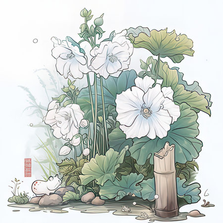Illustration of a summer garden with white flowers and green leaves.の素材
