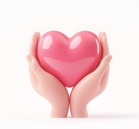 Hands holding pink heart on white background. 3D rendering.の素材