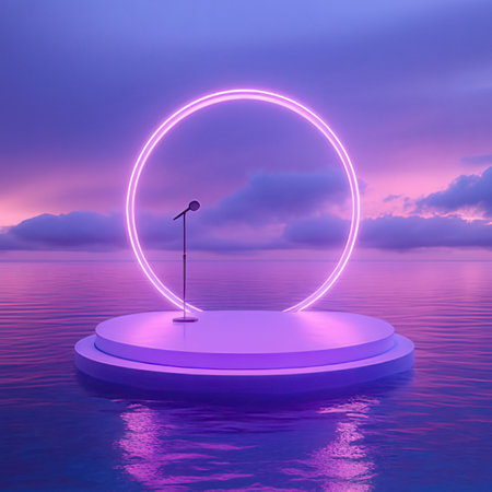 3d rendering of a round podium on the sea with a neon lampの素材