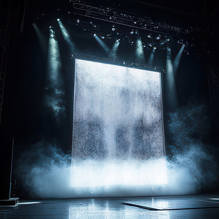 stage lighting effect in the dark with smoke and rays of light on the stageの素材