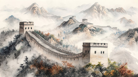 Chinese Great Wall in Beijing, China. Watercolor painting and illustration.の素材