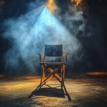Empty chair in dark room with smoke and rays of light.の素材
