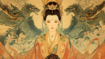 Beautiful asian woman in traditional attire on old paperの素材