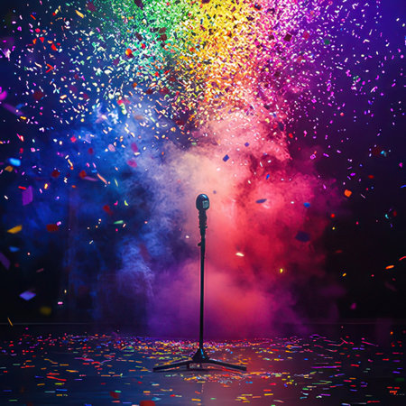 Microphone and colorful confetti on dark background. Music concept.の素材