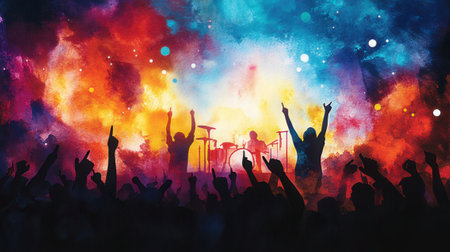 Concert crowd at a music festival. Colorful watercolor painting.の素材