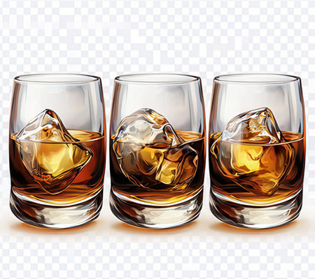 Glasses of whiskey with ice cubes isolated on transparent background. Vector illustrationの素材