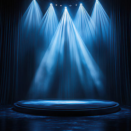 Stage podium with lighting, Stage Podium Scene with for Award Ceremony on blue Background.の素材