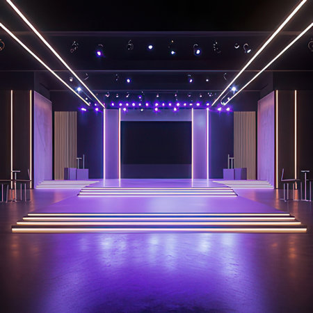 3D rendering of a modern stage illuminated with purple and blue lightsの素材