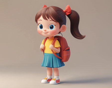 3D Render of a Cute Little Girl with a Backpackの素材