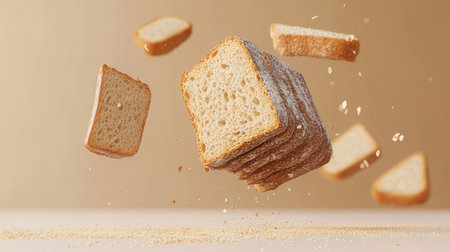 Flying bread slices with flying flour on beige background. Food levitation conceptの素材