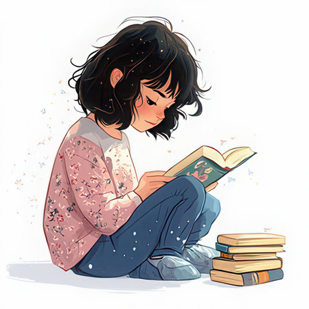 Illustration of a cute little girl reading a book on a white backgroundの素材