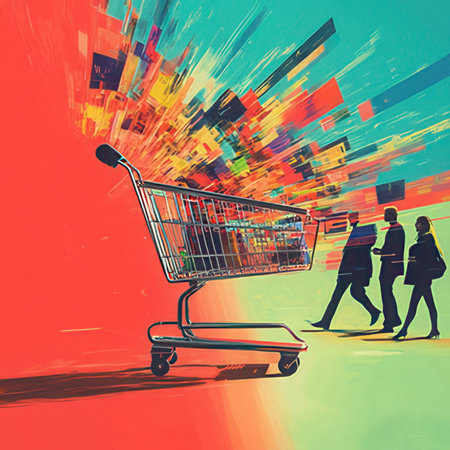 Shopping cart with people silhouettes and colorful abstract background. Digital illustration.の素材