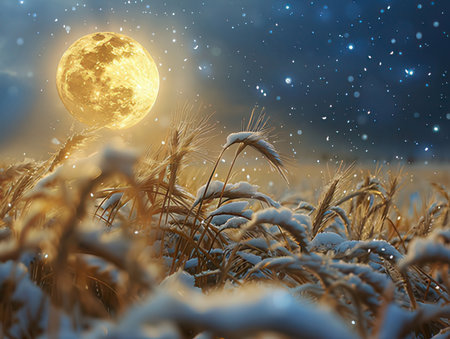 Full moon over wheat field at night. 3D illustration. Nature background.の素材