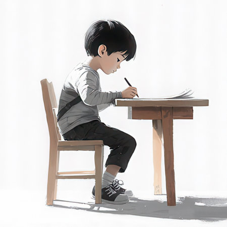 3D Illustration of a little boy writing on a white backgroundの素材