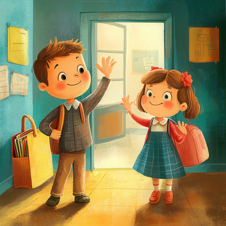 Boy and girl going to school with backpacks, illustration in children's styleの素材