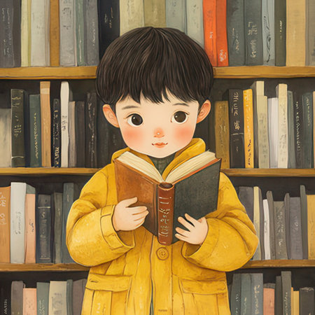 Little boy reading a book in the library. Back to school concept.の素材