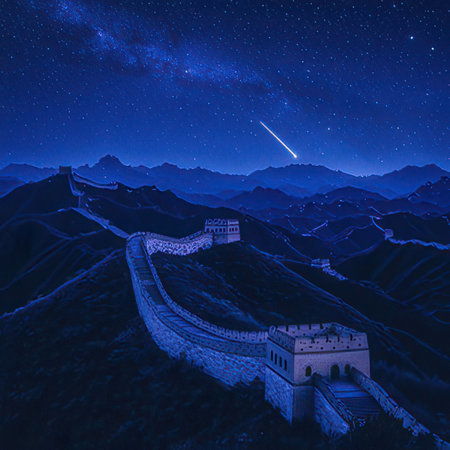 Majestic Great Wall of China at night with stars and nebulaの素材