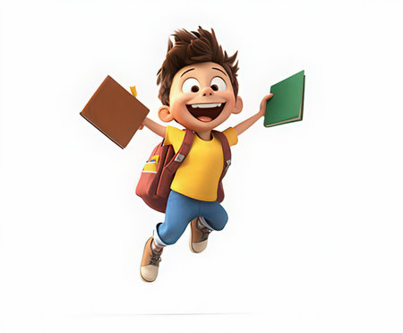 3D Render of a Kid with backpack and books on white backgroundの素材