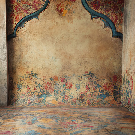 old grunge interior with vintage floral pattern on the wall, 3d renderの素材