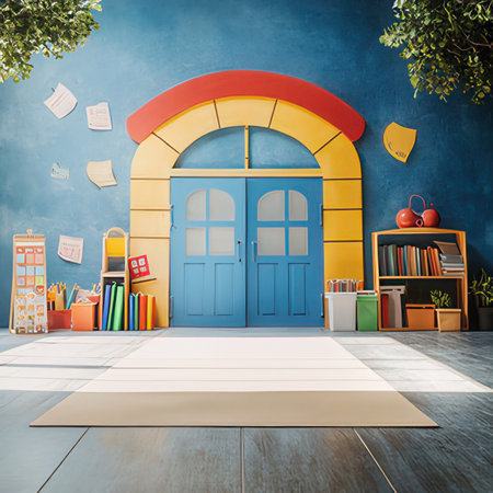 Interior of children's room with blue door, books and school supplies. Education concept. 3D Renderingの素材