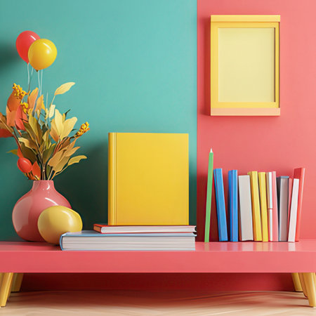 Bookshelf with books and decorations in living room. 3d renderの素材