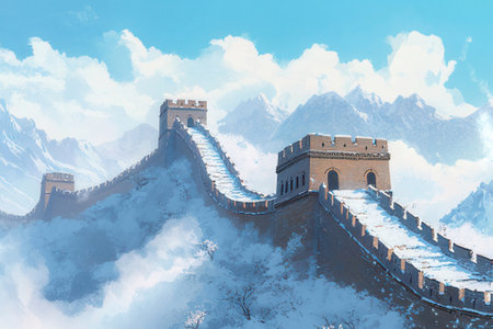 Majestic Great Wall of China in sunny day. Digital paintingの素材