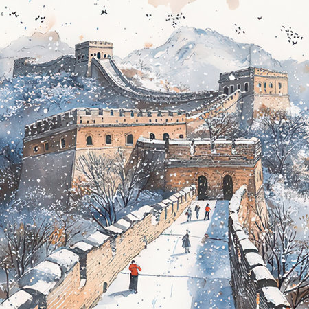 Beautiful winter view of Great Wall in Beijing, China with snow. Watercolor paintingの素材
