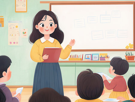 Teacher with students in classroom. Illustration of teacher and students.の素材